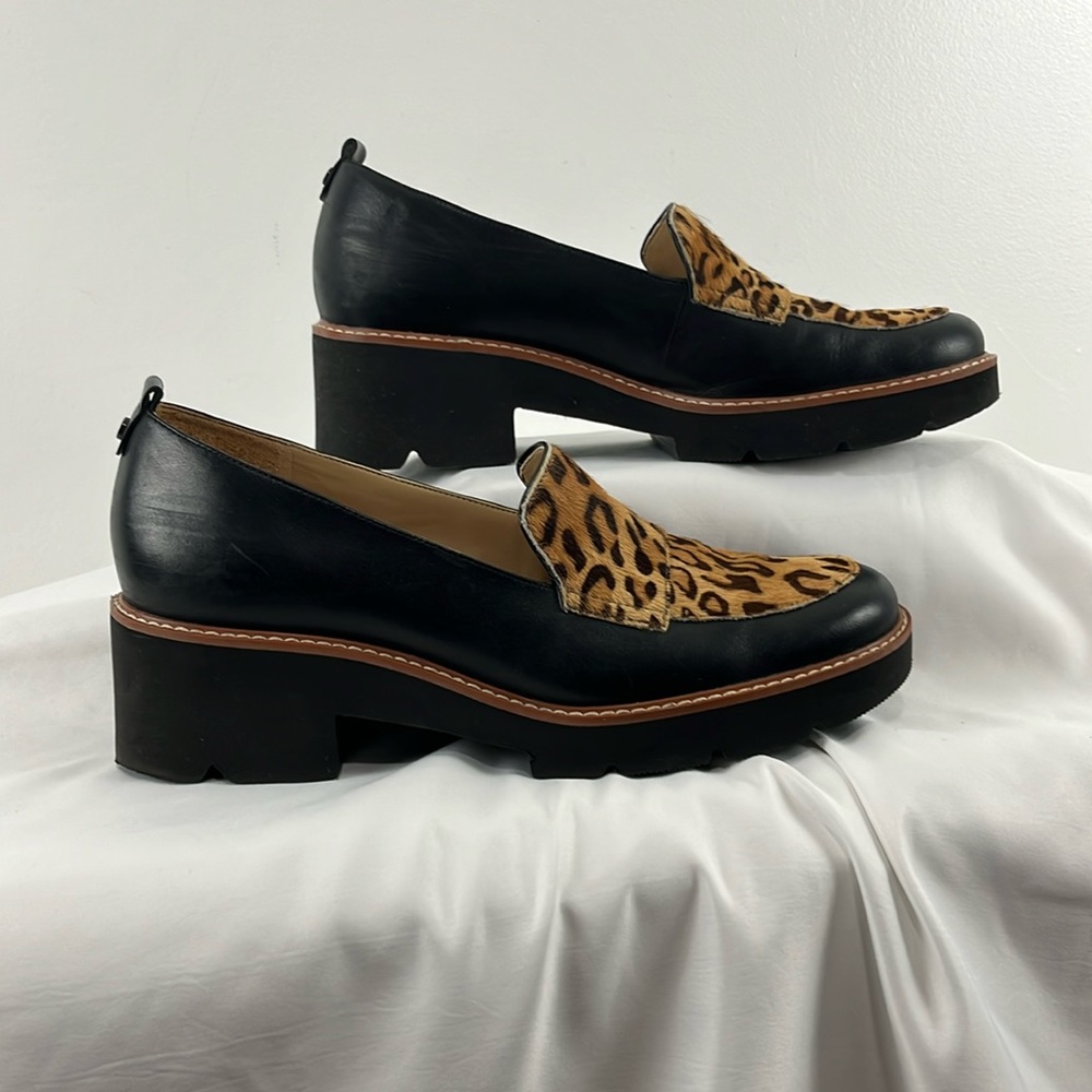 Naturalizer Leather Leopard Upper Chunky Heel Loafers